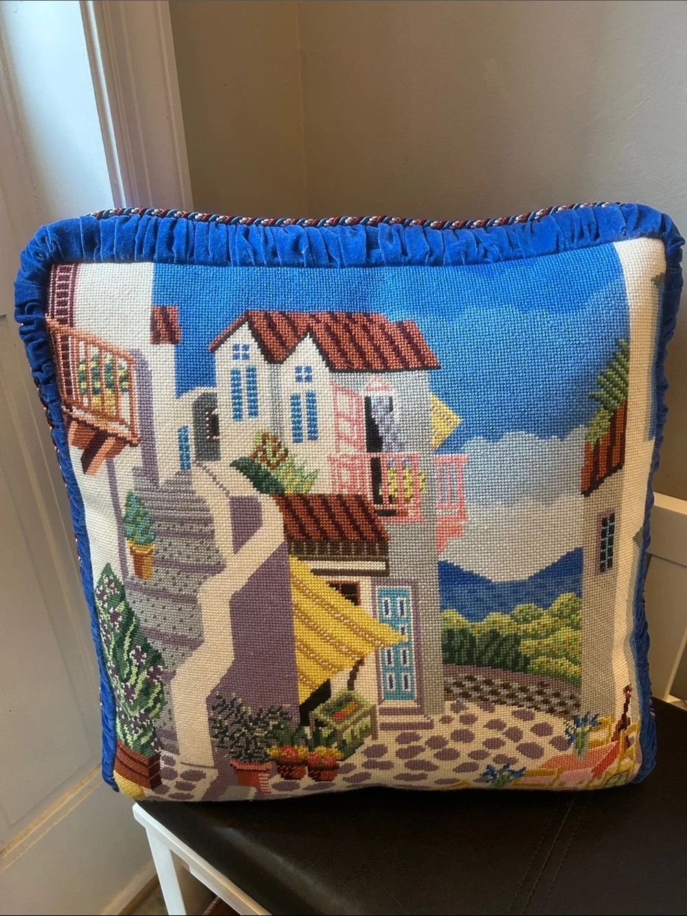 Beautiful Needlepoint Scenic Countryside Pillow  Blue Velvet Back & Lux Cording